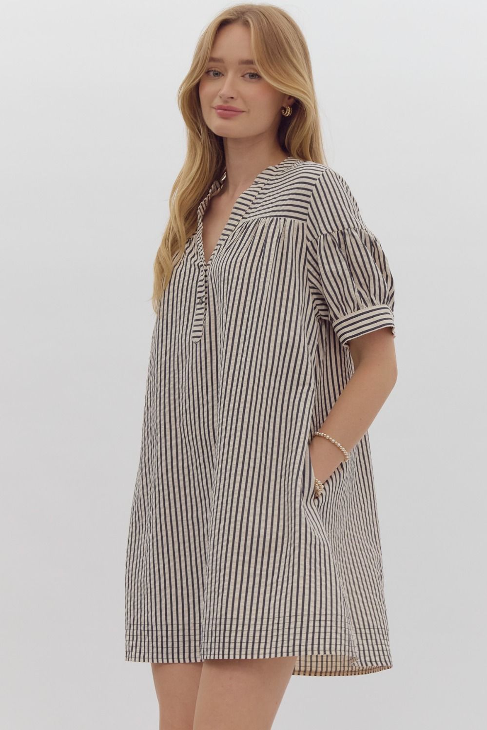 Short Sleeve Striped Mini Dress - Navy
