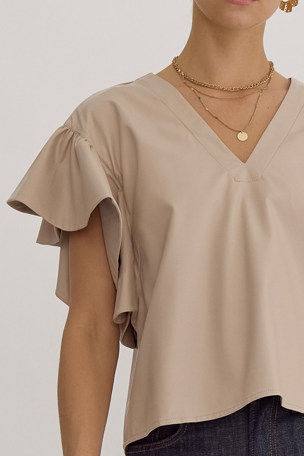 Faux Leather Ruffle Sleeve Top - Ecru