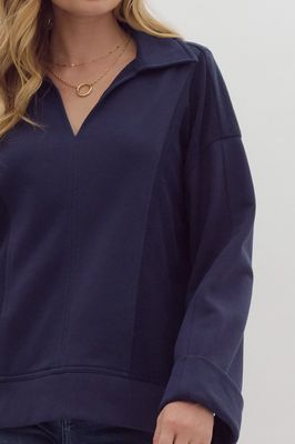 Cuffed Sleeve Collared Pullover - Navy