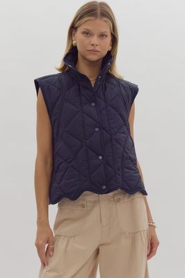 Quilted Scalloped Hem Vest - Dark Navy