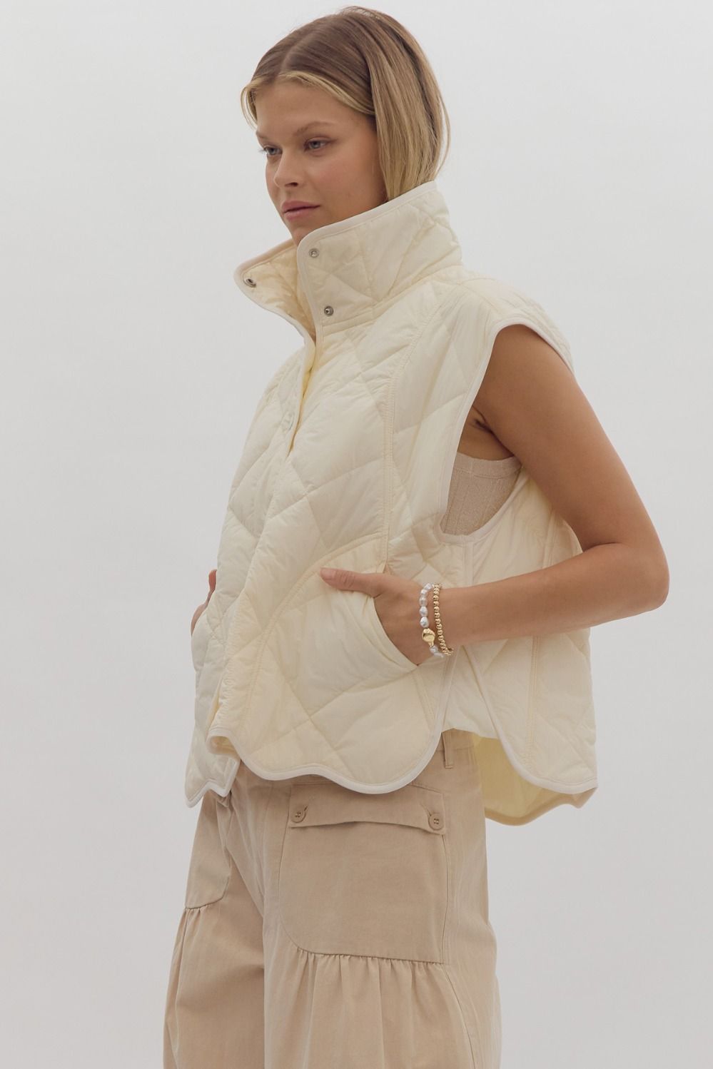 Quilted Scalloped Hem Vest - Cream