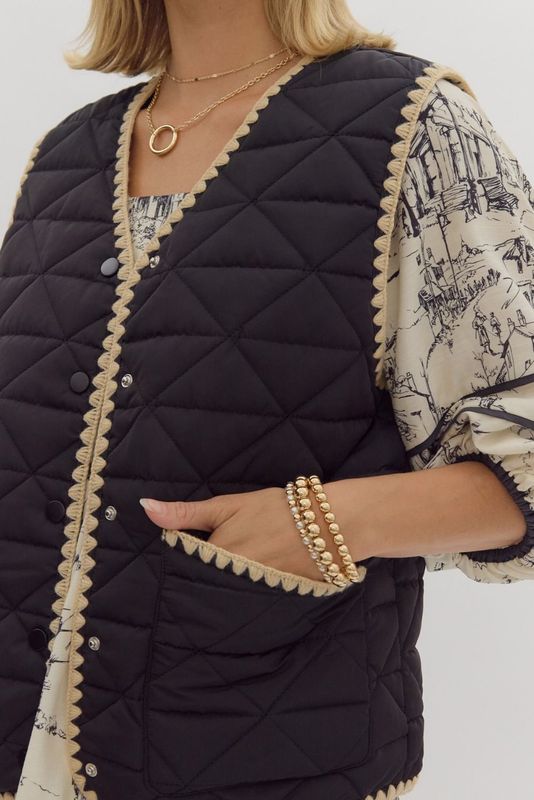 Quilted Scalloped Trim Vest - Black