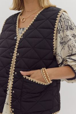 Quilted Scalloped Trim Vest - Black