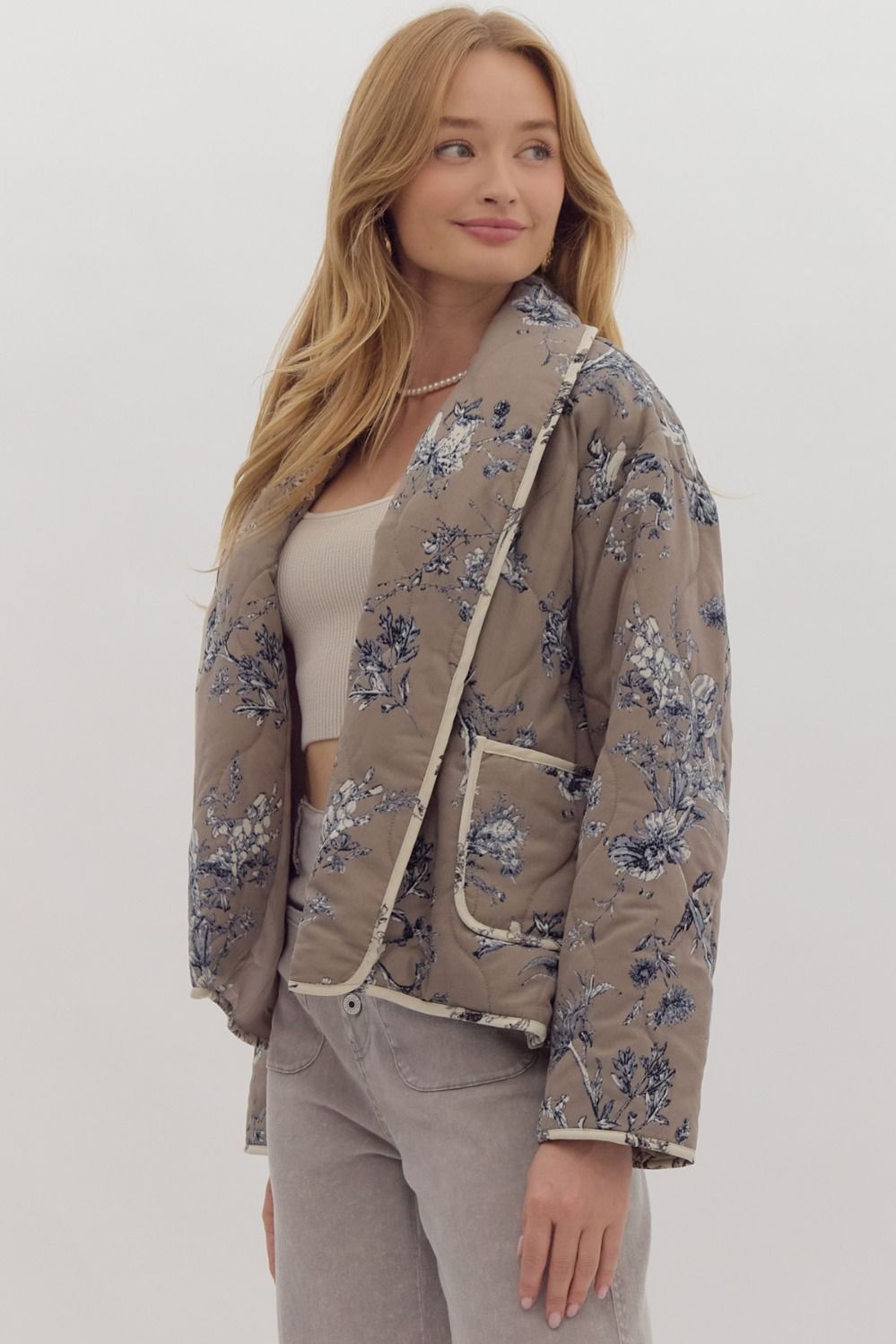 Floral Print Open Front Jacket - Mocha Grey