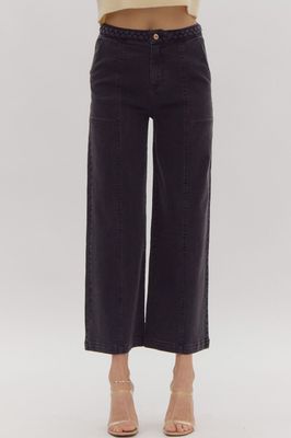 High Rise Wide Leg Jean with Braided Waist - Black