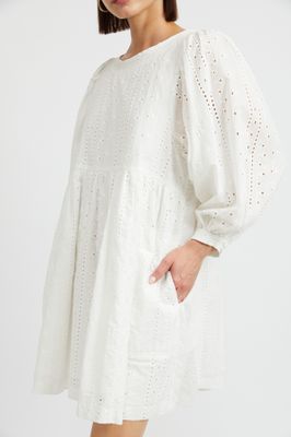 Long Sleeve Eyelet Babydoll Dress - Off White