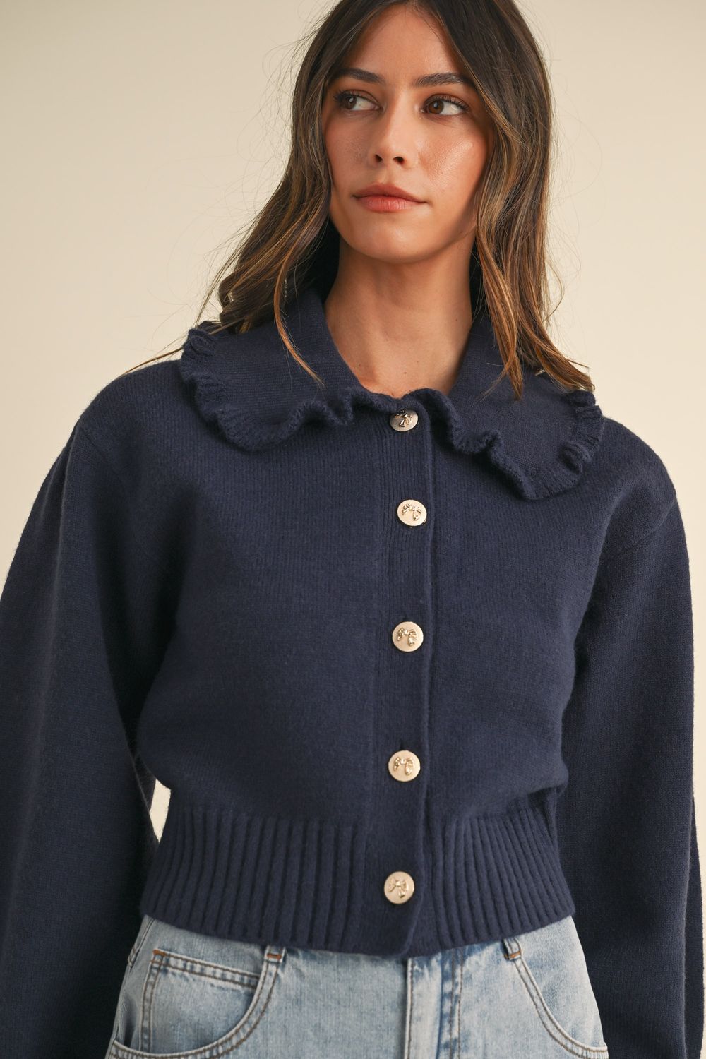 Ruffle Collared Cardigan - Navy