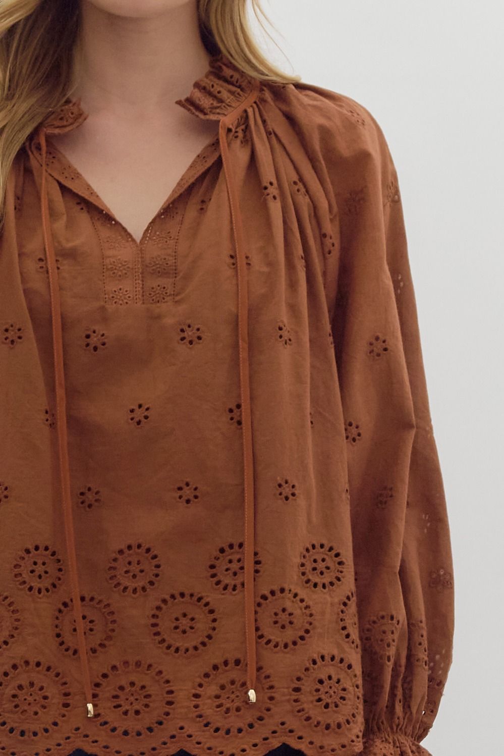 Long Sleeve Eyelet Blouse - Chestnut