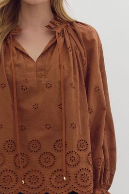 Long Sleeve Eyelet Blouse - Chestnut