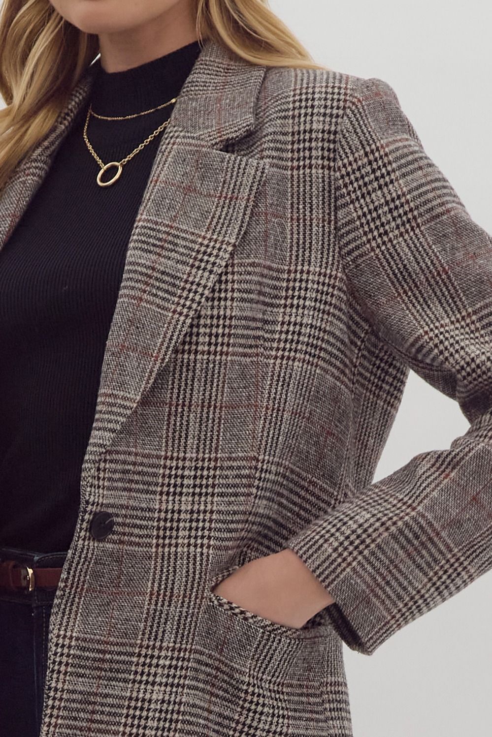 Single Button Blazer - Black Tartan