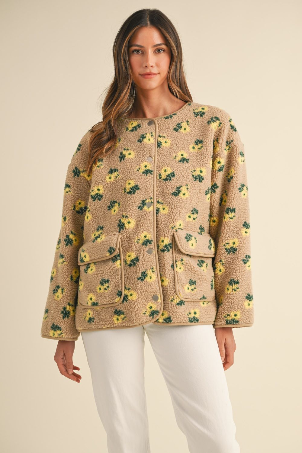 Floral Sherpa Fleece Jacket - Taupe
