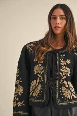 Quilted Tie Front Embroidered Jacket - Black / Tan
