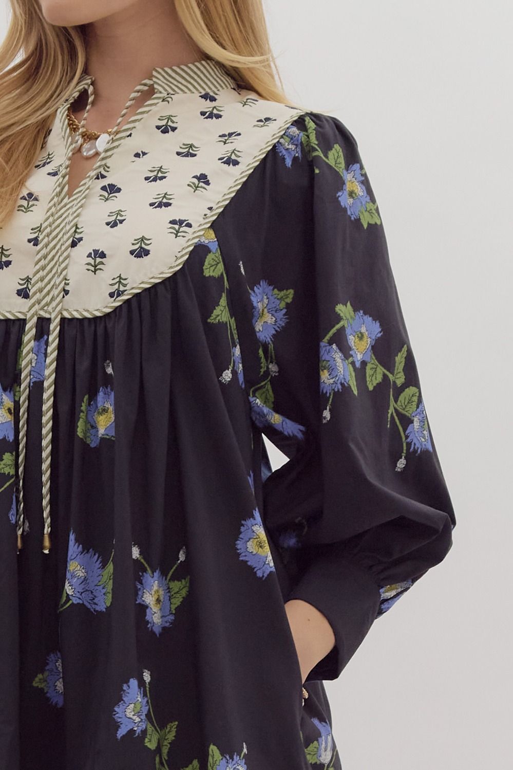 Mixed Print Long Sleeve Mini Dress - Black Floral