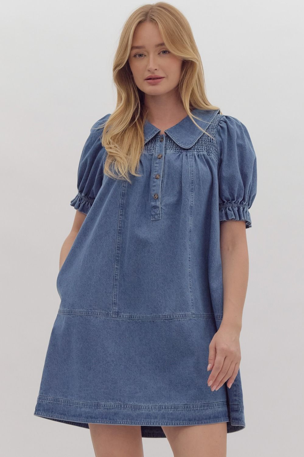 Denim Peter Pan Collar Mini Dress - Medium Wash