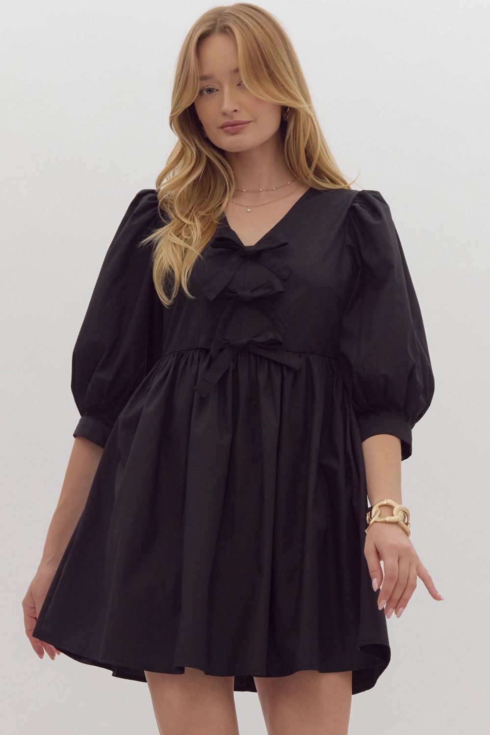 Puff Sleeve Bow Front Mini Dress - Black