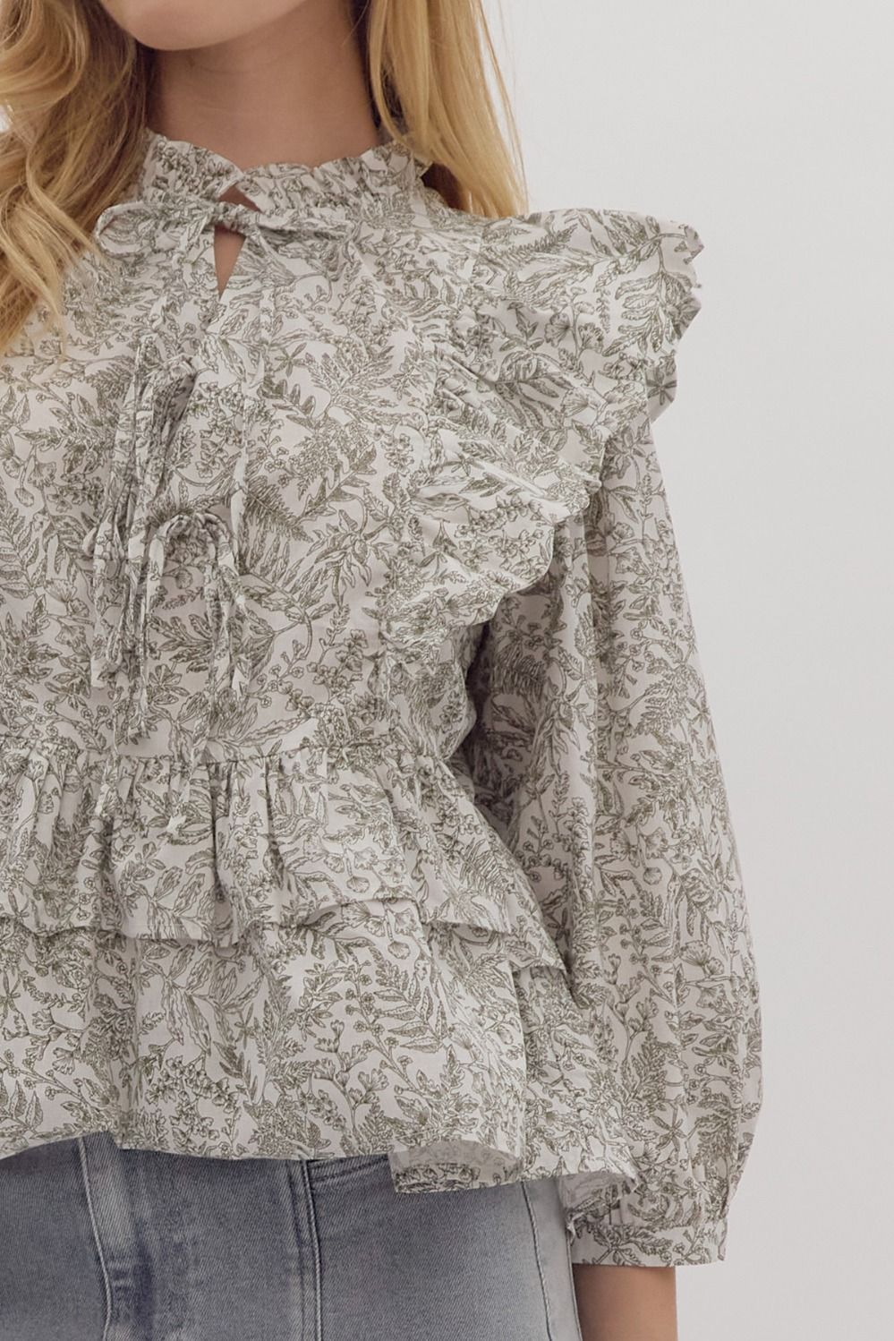 Scalloped Ruffle Peplum Blouse - Olive Toile