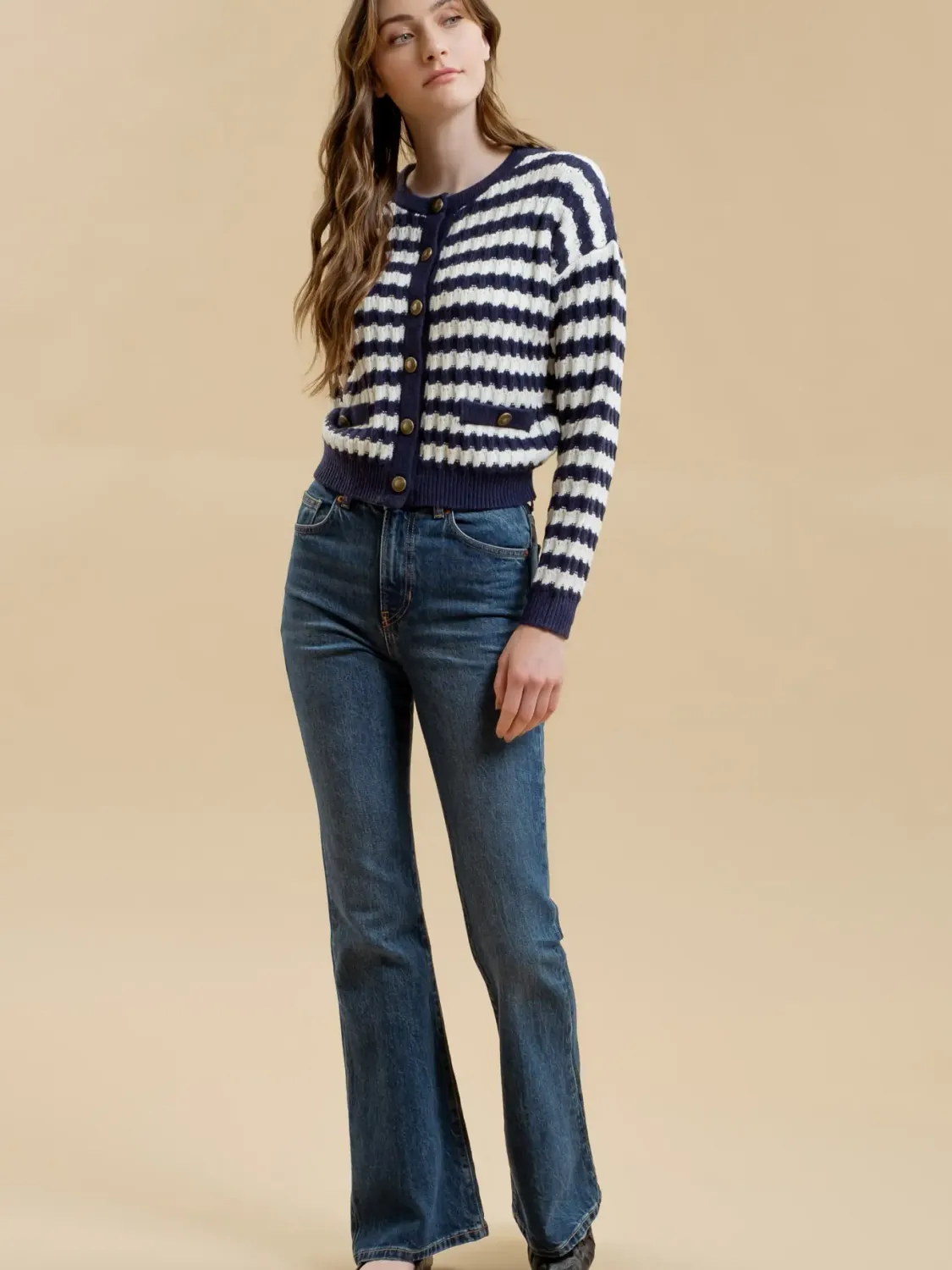 Striped Crewneck Cardigan - Navy