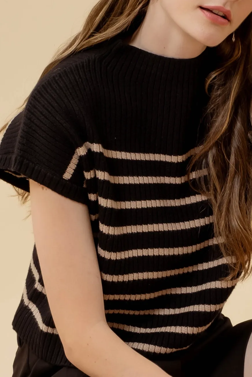 Drop Shoulder Funnel Neck Sweater - Black Stripe