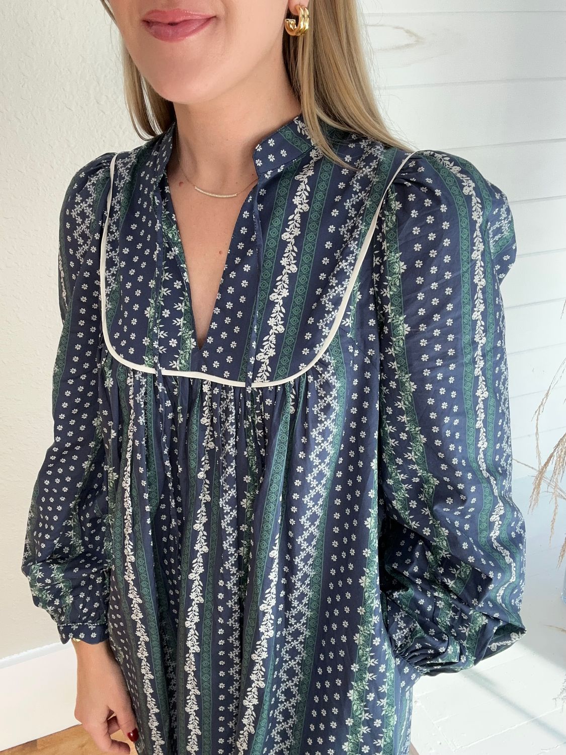 Block Floral Long Sleeve Mini Dress - Denim Blue