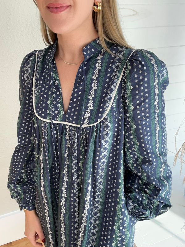 Block Floral Long Sleeve Mini Dress - Denim Blue