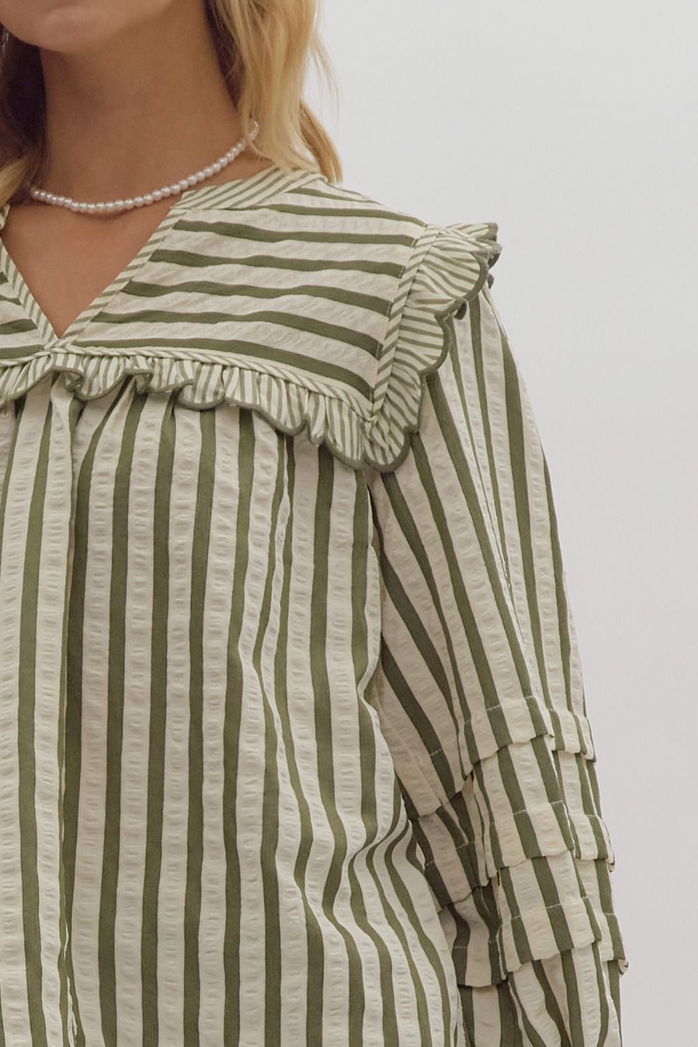 Mixed Stripe Scalloped Blouse - Olive