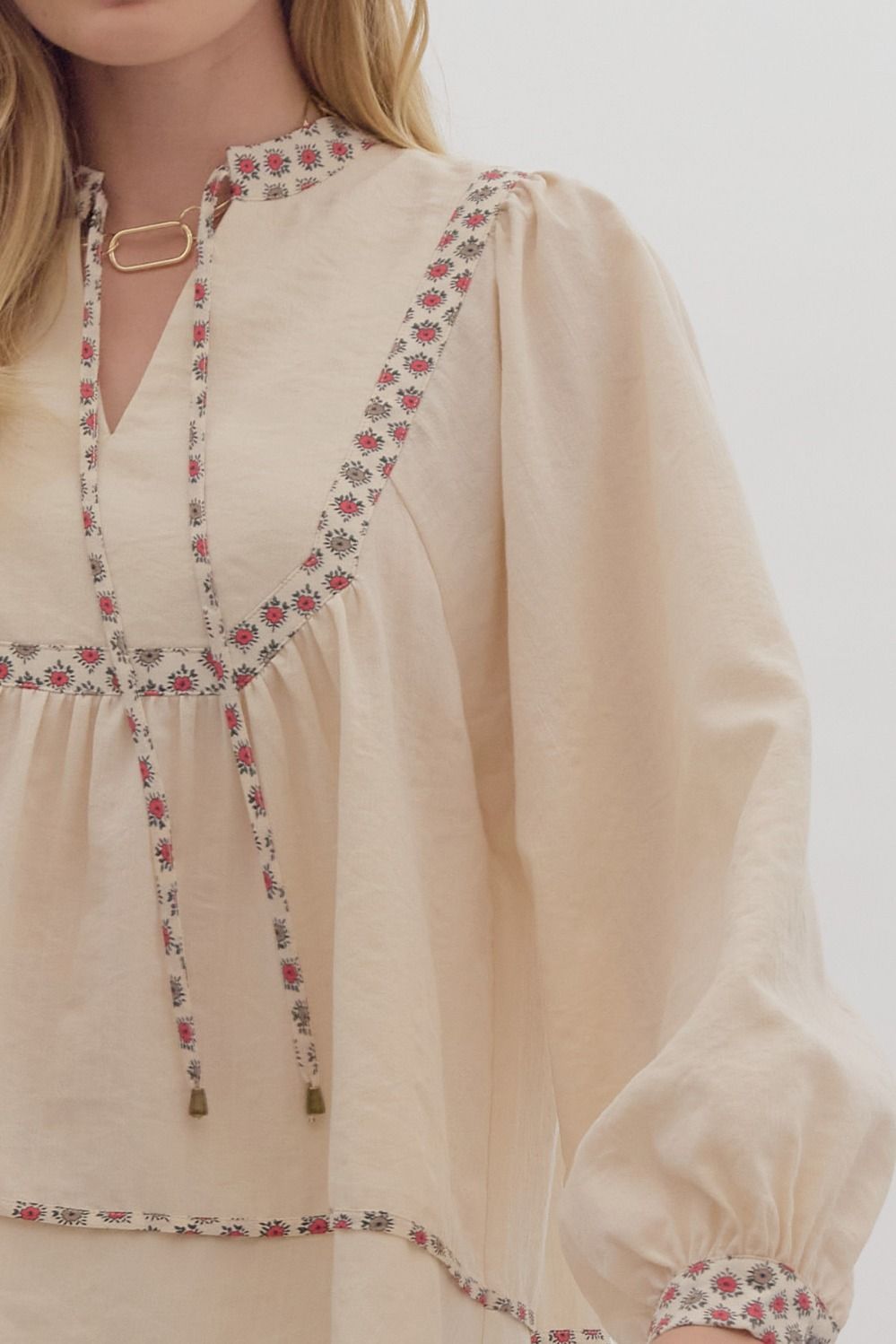 Long Sleeve Floral Trim Blouse - Ecru 