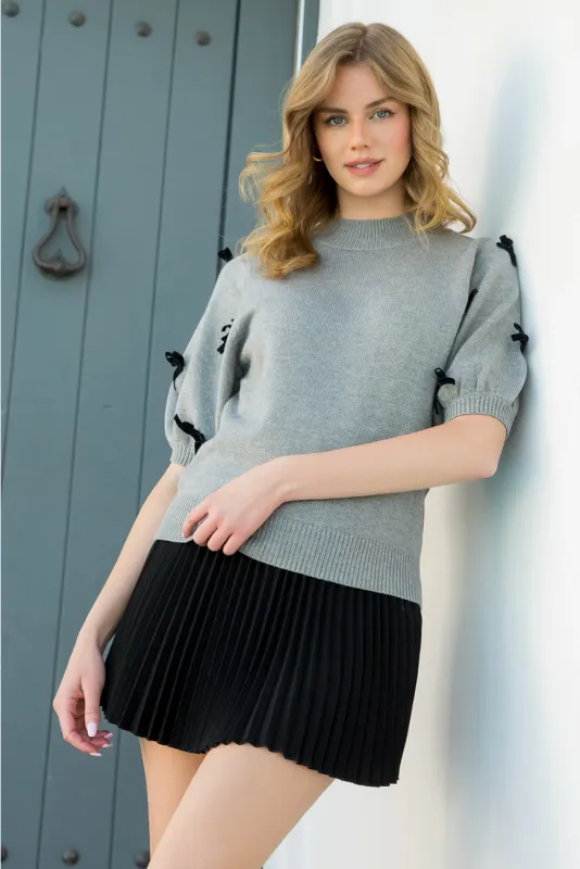 Short Sleeve Sweater with Velvet Bows - Grey
