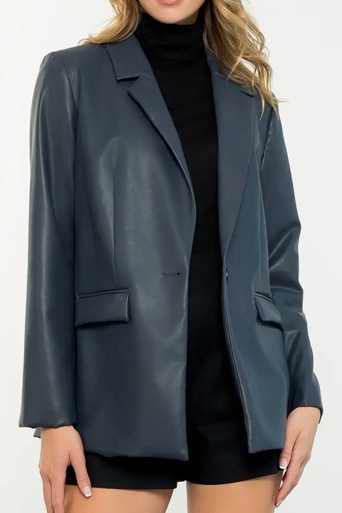 Vegan Leather Blazer - Navy