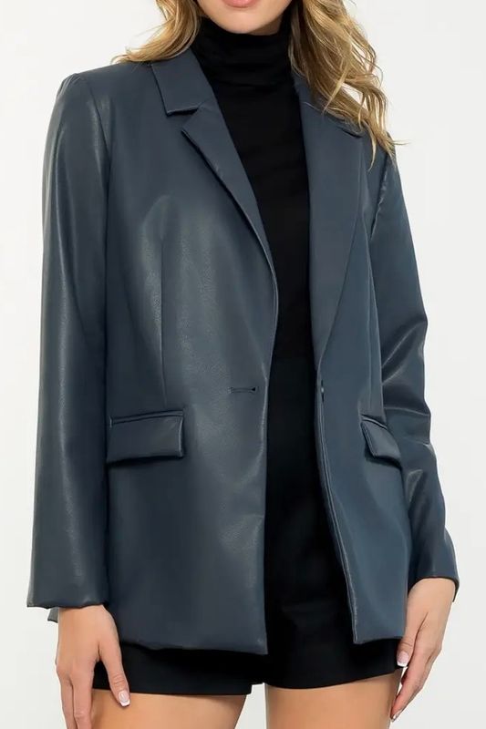 Vegan Leather Blazer - Navy