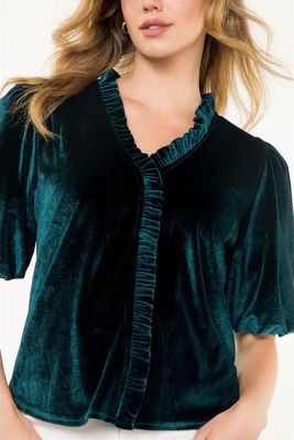 Puff Sleeve Velvet Blouse - Emerald
