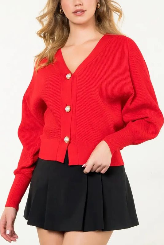 V-Neck Ribbed Cardigan with Pearl Buttons - Red