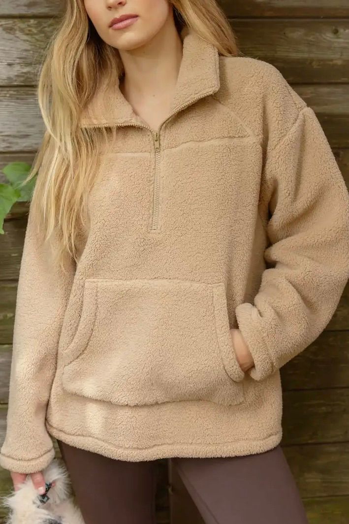 Collared Half Zip Sherpa Fleece Jacket - Natural