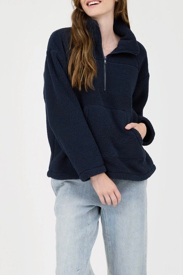 Collared Half Zip Sherpa Fleece Jacket - Navy