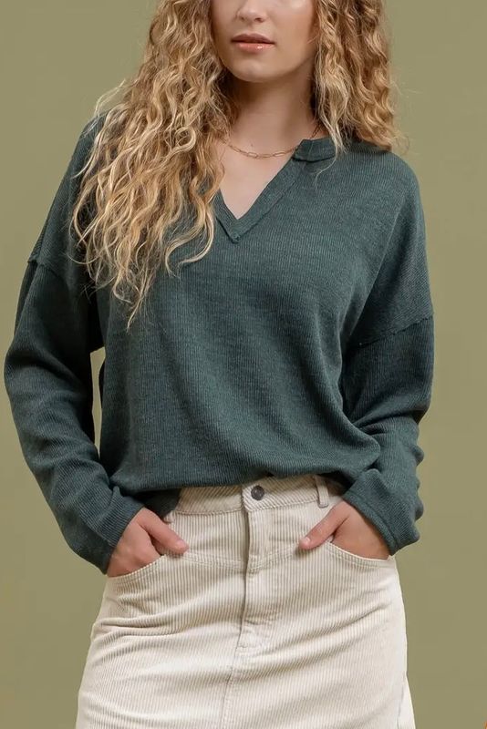 Long Sleeve Notch Neck Top - Forest Green