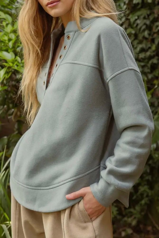 Long Sleeve Grommet V-Neck Sweatshirt - Dusty Teal