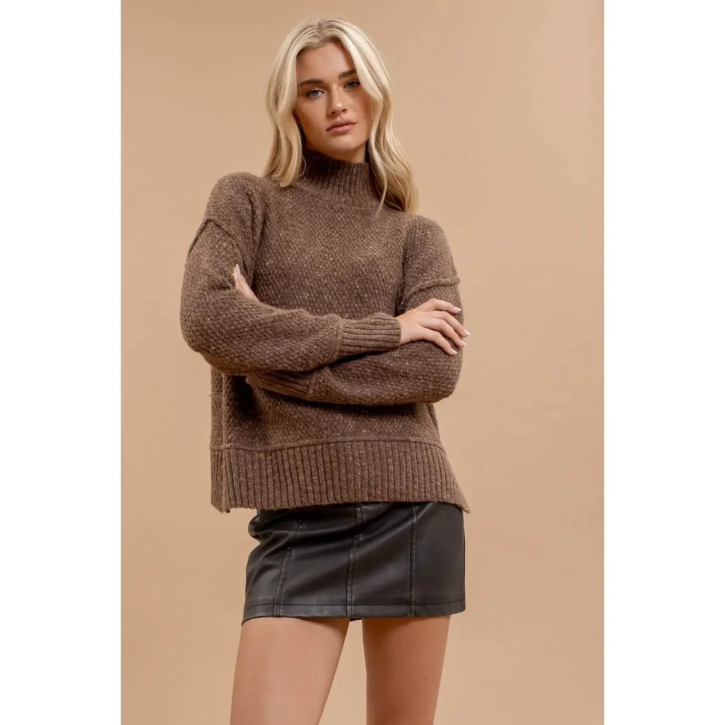 Ribbed Trim Turtleneck Sweater - Mocha