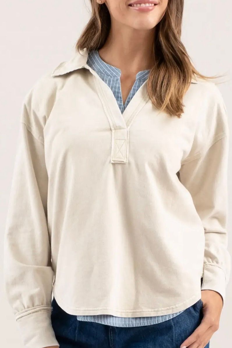 Washed Collared Long Sleeve Knit Top - Oatmeal