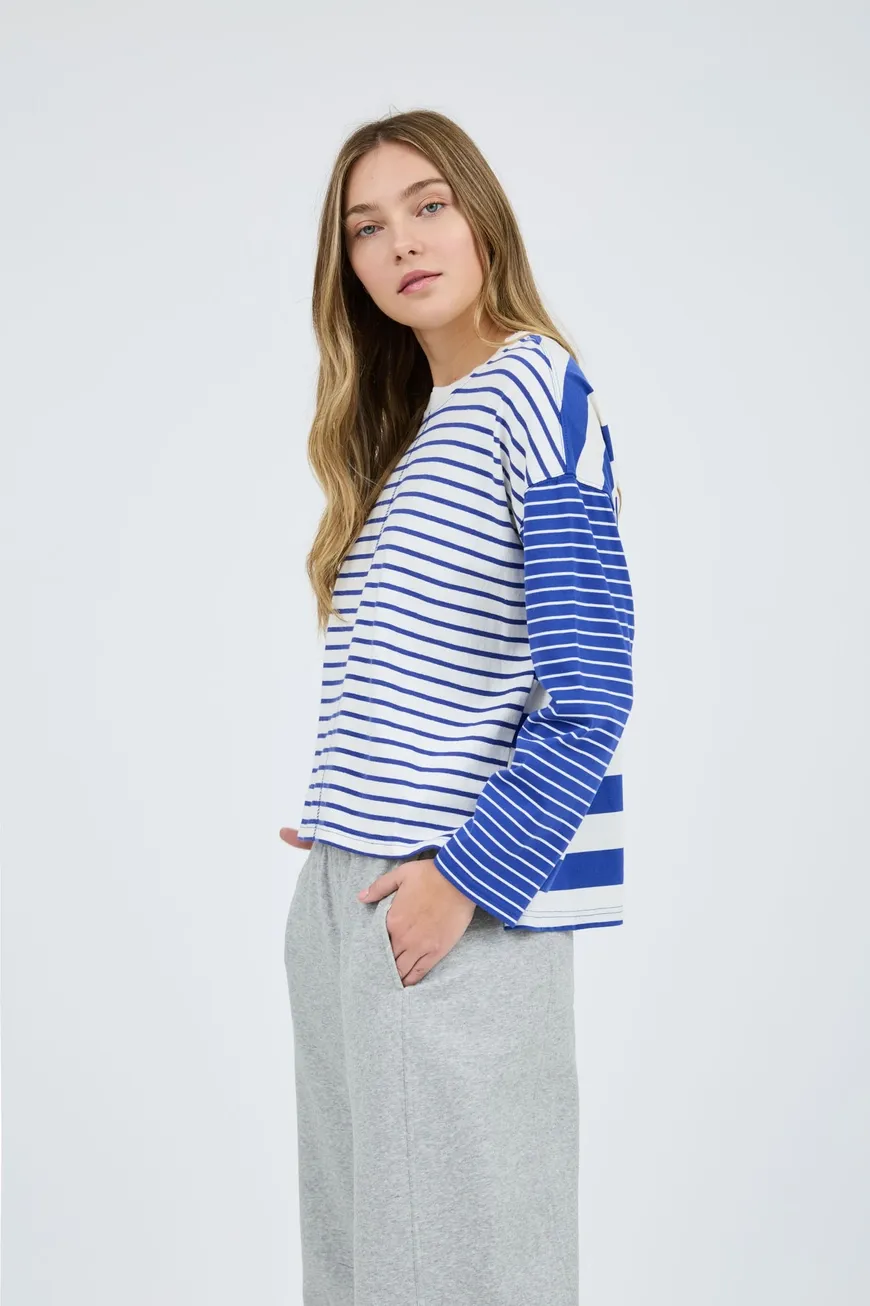 Mixed Stripe Cotton Tee - Blue / White