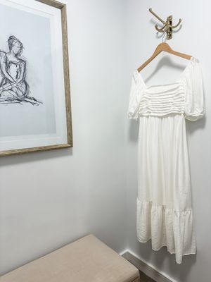 Puff Sleeve Square Neck Midi Dress - Off White