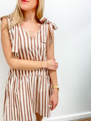 Striped Tie Shoulder Dress - Mocha