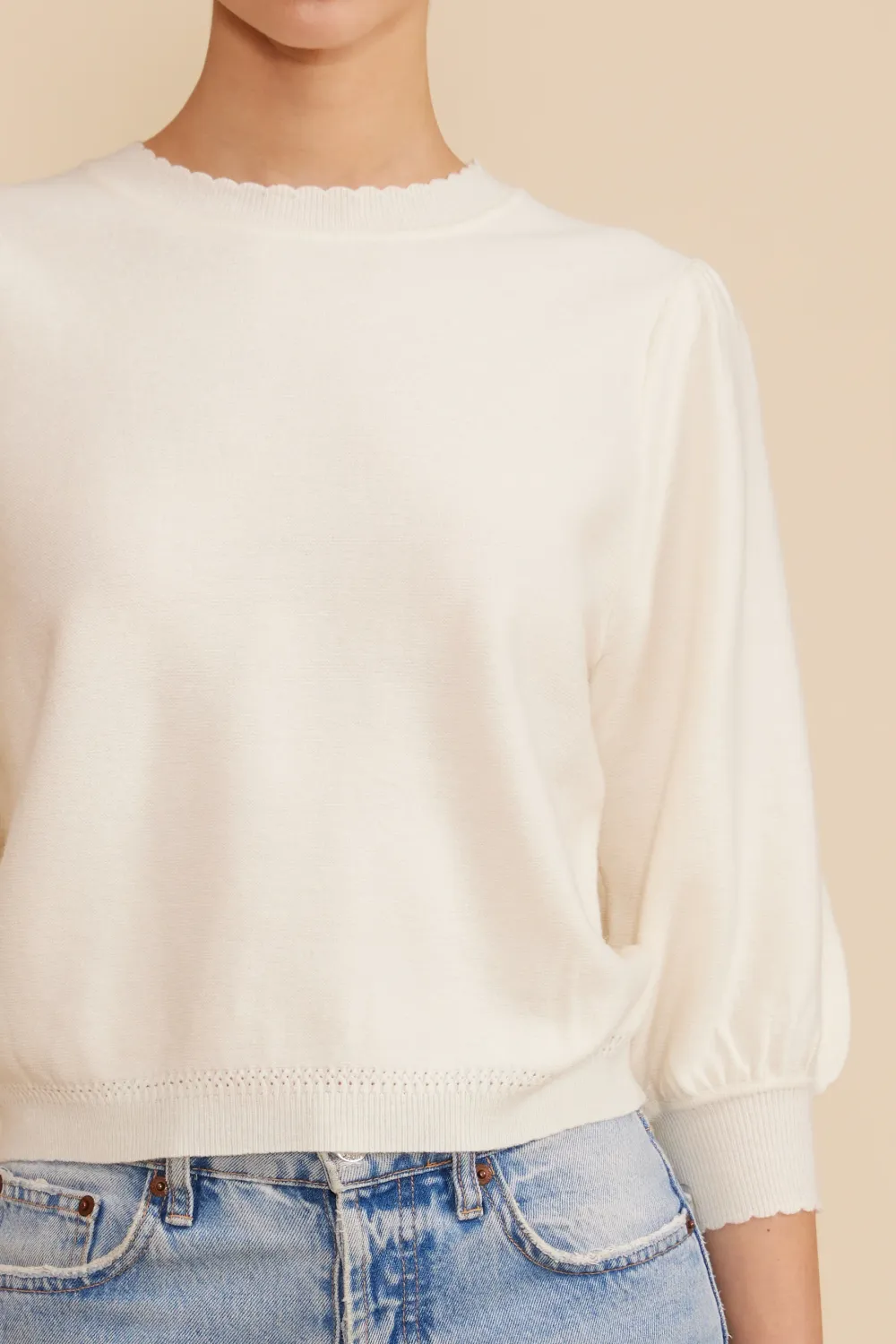Scalloped 3/4 Sleeve Crewneck Sweater - Ivory