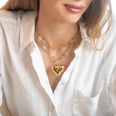 Big Puffy Heart Necklace - Gold
