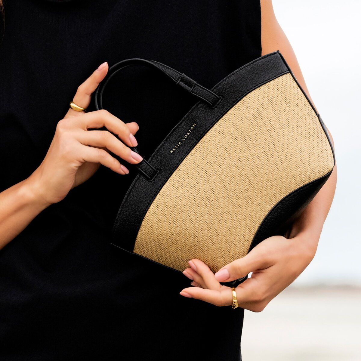 Riviera Raffia Mini Tote Bag - Black