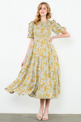 Puff Sleeve Print Maxi Dress - Chartreuse/Blue