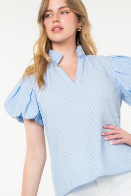 Striped Seersucker Puff Sleeve Top - Light Blue