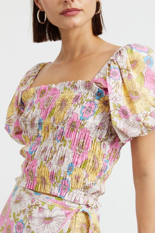 Bubble Sleeve Floral Crop Top - Candy Pink