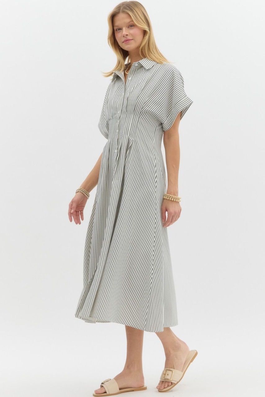 Short Sleeve Pintuck Midi Dress - Black/Cream