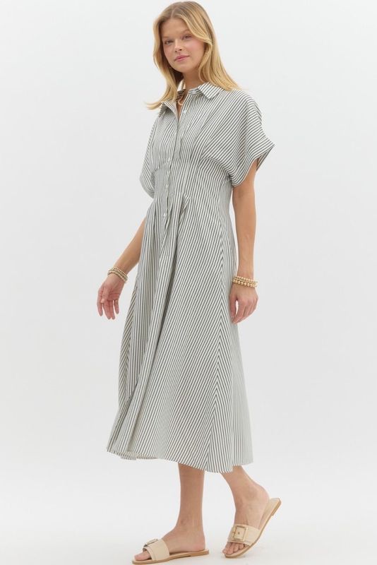 Short Sleeve Pintuck Midi Dress - Black/Cream