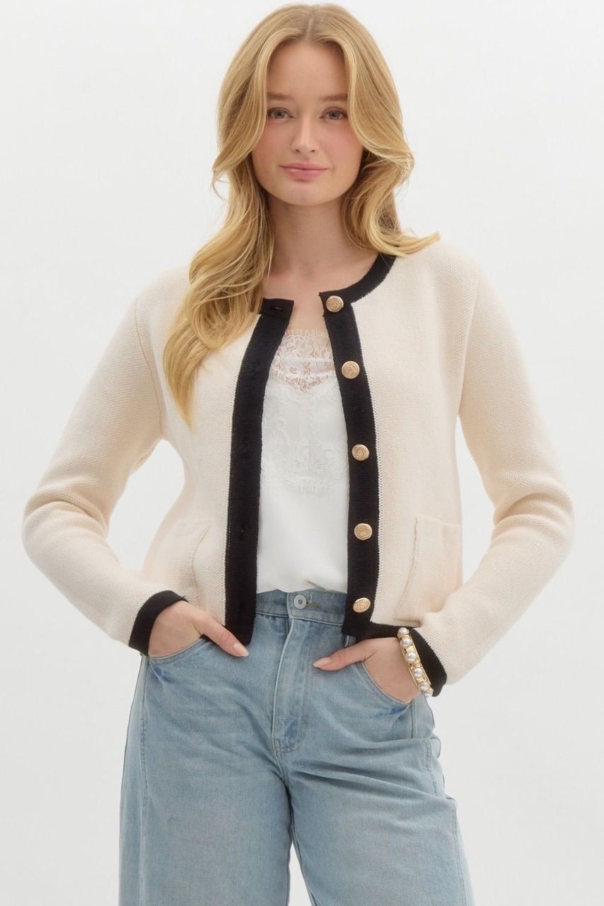 Long Sleeve Lady Cardigan - Cream / Black