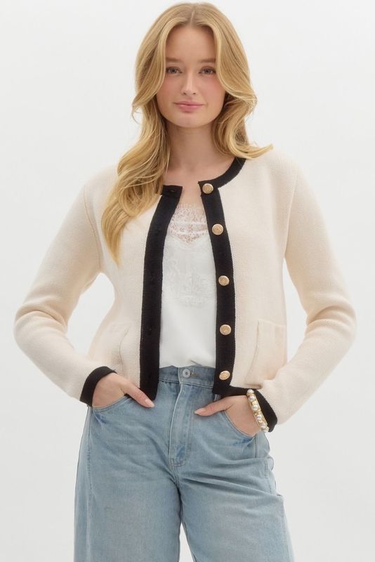Long Sleeve Lady Cardigan - Cream / Black